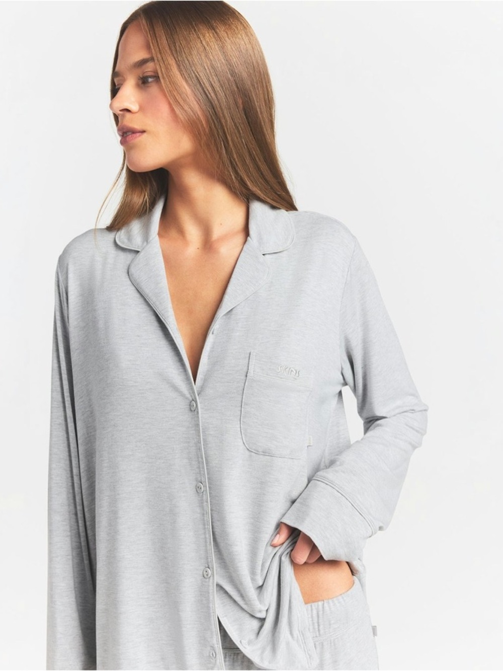 SKIMS Gray Long Sleeve Pajama Top Button Front Soft Lounge Shirt